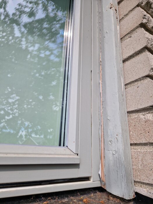 Fönster med skadat träfoder, flagande färg på ramen.