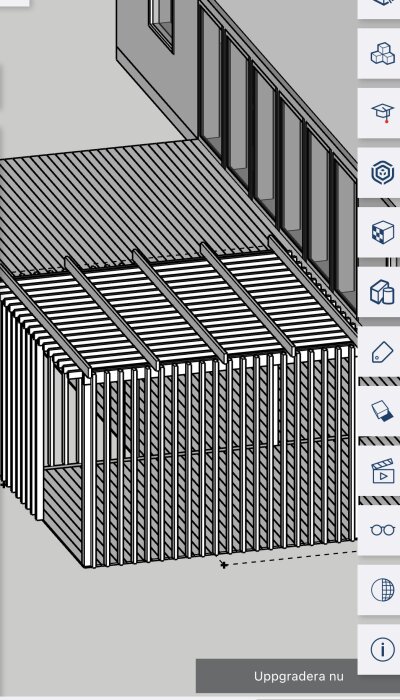 3D-ritning av en pergola med ribbor på tak och väggar, dimension 4x4 meter, intill ett hus med glasväggar och dörrar.