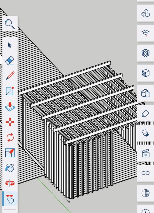 Ritning av en pergola med tak och väggar i stående ribbor; takribborna är förankrade mellan takreglar och väggar på en trädäckstomme.