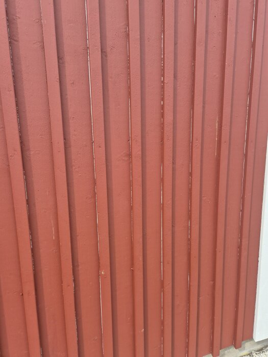 Röd träfasad med vita ränder där lockbrädorna har krympt, fotograferad i söderläge.