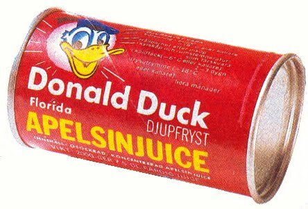 En burk med Donald Duck Florida djupfryst apelsinjuice, klassisk förpackning, orange etikett med glad anka, från förr.