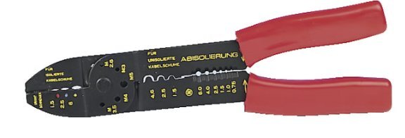 Kabelskotång med röda handtag och flera funktioner för kabelkrimpning och avisolering.
