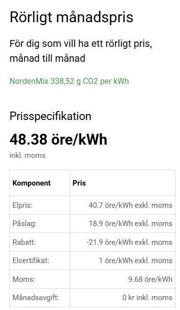 Prisuppställning för rörligt månadspris hos Cheap Energy, inklusive elpris, påslag, rabatt, elcertifikat och moms, totalt 48,38 öre/kWh.