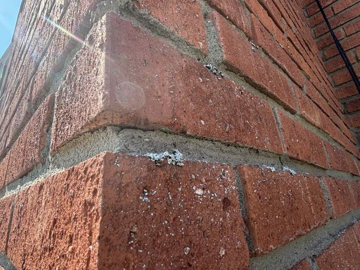 Tegelfasad med tydliga sprickor och slitage nära ett hus hörn; tecken på bristande underhåll.