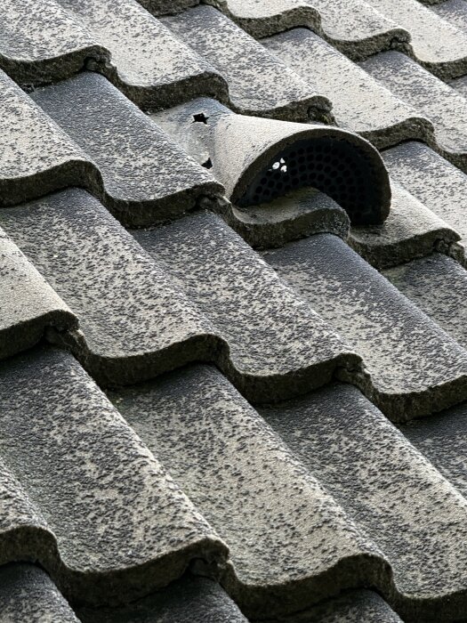 Tak med äldre ventilationspanna i betong ovanpå strukturmönstrade takpannor från 1978, som diskuterar möjlig ersättning och ventilationseffekt.