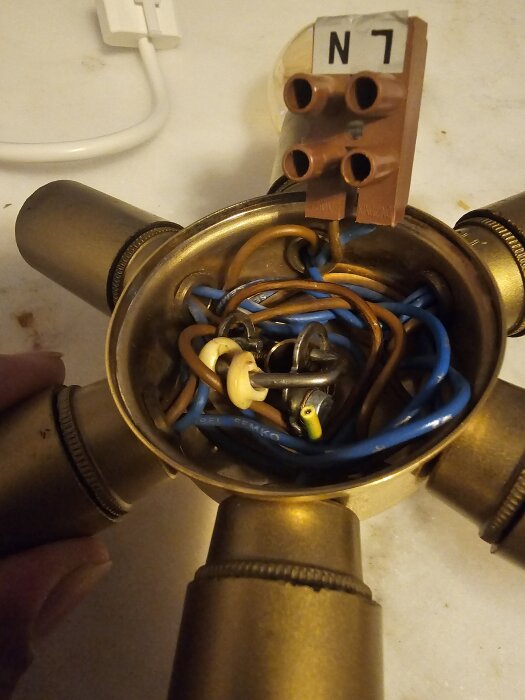 Lampa med kopplingsplint märkt L och N, synliga blå och gulgröna kablar, gulgrön kabel under en skruv.