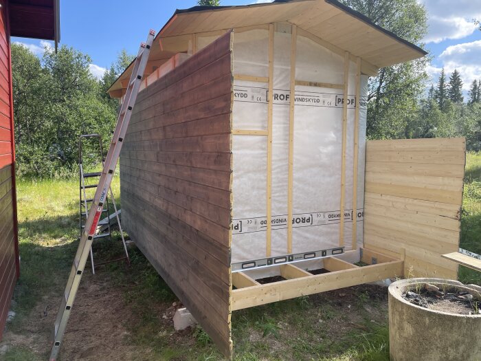 Panel på nybyggd vägg påbörjas, stege vid sidan, blå himmel och träd i bakgrunden, trossbotten synlig i framkant, gräs runtom.