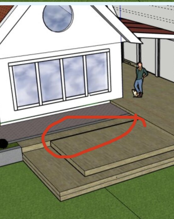 Illustration av ett hus med trädäck, markerad sektion ovan pool i rött. Person står vid däck, omgiven av grönska.
