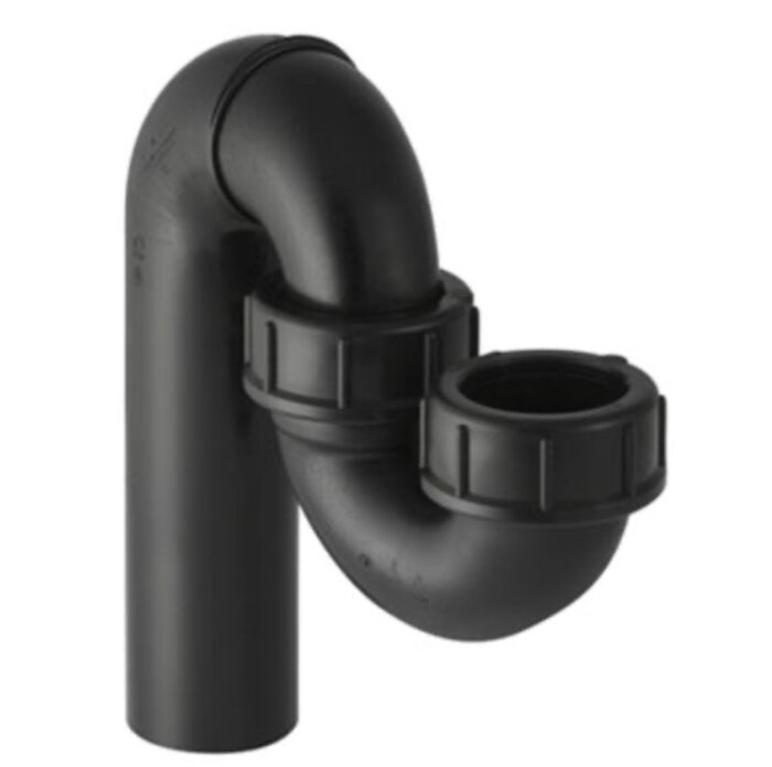 Svart plastvattenlås med böjd form och två gängade kopplingar, lämpligt för användning i diskbänkar och VVS-system.