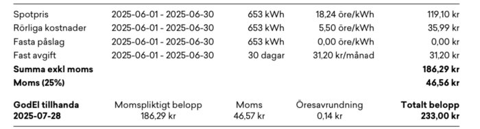 Elräkning från Godel för juni 2025 visar förbrukning på 653 kWh med kostnader och moms specificerade, totalt belopp 233 kr.