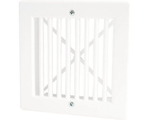 Ett vitt plastgaller för ventilation med horisontella lameller och skruvar i varje hörn, designat för att möjliggöra friskluftstillförsel till huset.