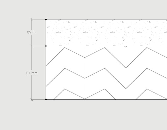 Teckning av tvärsnitt i en betongkonstruktion på 150 mm med två lager; ett översta lager av betong och ett mönstrat underlager.