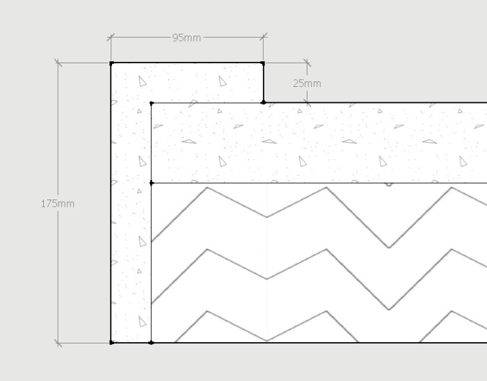 Ritning av betongplatta med dimensioner 95mm x 25mm x 175mm och zigzag-mönster, troligen för pumphus och golvbrunnsinstallation.
