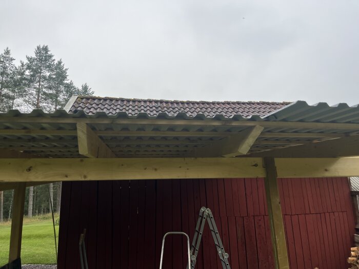 Plåttak under renovering med träkonstruktion och stege i förgrunden, omgiven av träd och rött träskjul.