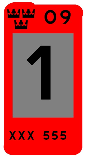 Rött gammalt svenskt skattemärke från 2009 med nummer 1 och texten "XXX 555".