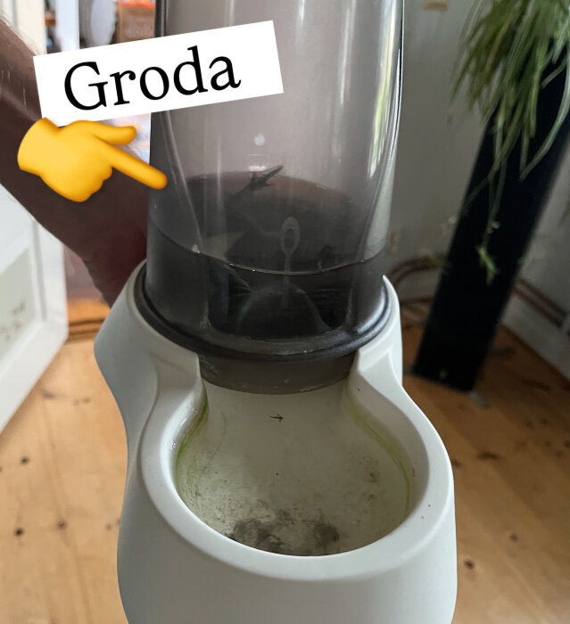 Hand håller en plastbehållare med text och emoji som pekar mot en liten groda inuti. Bakgrund med trägolv och grön växt synlig.