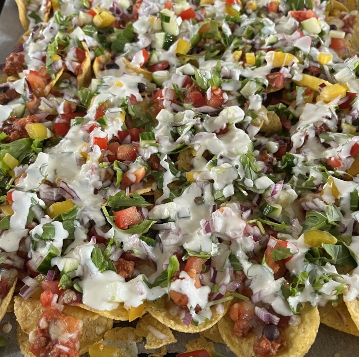 Nachos toppade med sallad, salsa och vitlökssås, dekorerade med tomater, paprika och grönsaker.
