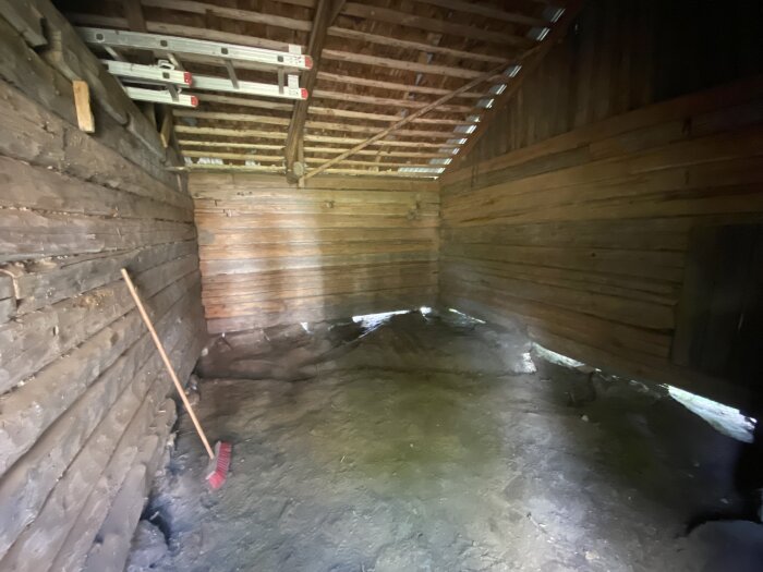 Inuti en lada med jordgolv, träväggar, takbjälkar och en lutad stege uppsatt. Ett hörn visar en sopkvast lutad mot väggen.