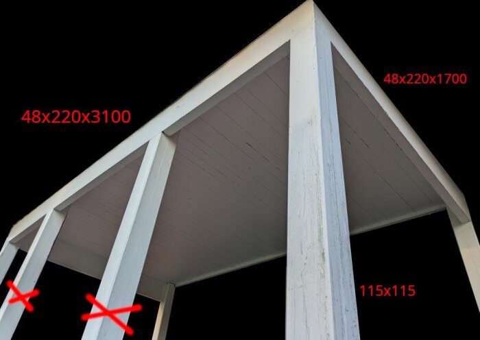 Tak över farstu med fyra pelare, varav två markerade med rött för borttagning, och måtten 48x220x3100mm och 48x220x1700mm.