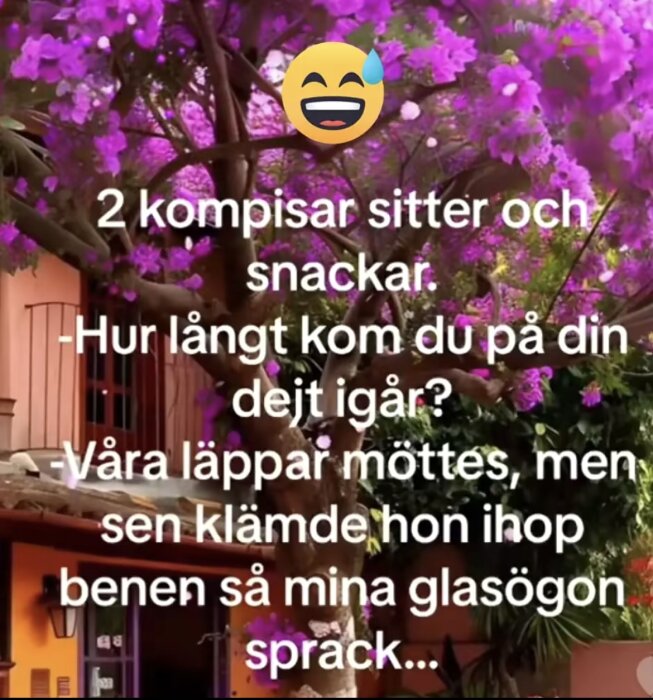 Decorativt träd med lila blommor framför hus med text och emoji ovanpå bilden.