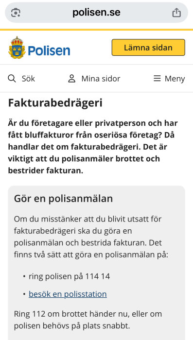 Skärmdump från Polisen.se som beskriver fakturabedrägeri och hur man gör en polisanmälan. Innehåller kontaktvägar för att rapportera brott.