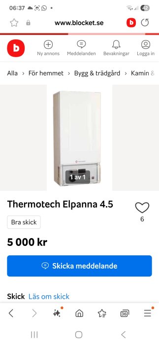 Begagnad Thermotech elpanna 4.5 till salu för 5 000 kr på Blocket, i bra skick.