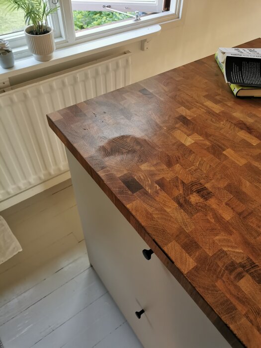 Träfärgad IKEA-bänkskiva med träfanér, mörkare och mattare parti efter slipning och oljebehandling, fönster med växter i bakgrunden.