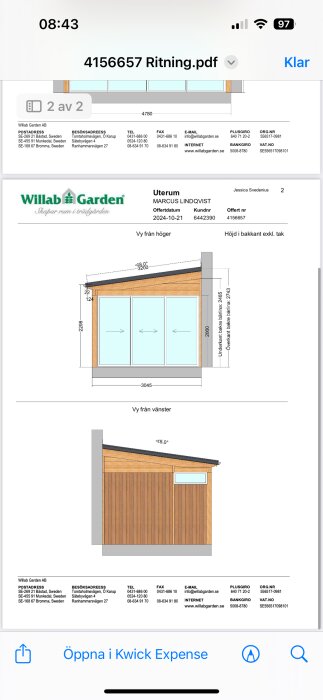 Ritning av ett uterum från Willab Garden med mått och detaljer, vyer från höger och vänster, träpanel och glaspartier visas.