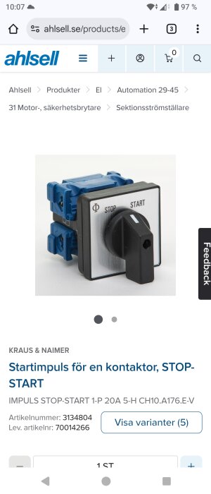 Svart och blå sektionströmbrytare med "STOP" och "START" lägen. Märkt Kraus & Naimer. Art.nr: 3134804.