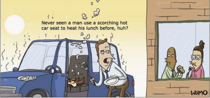 Man använder en varm bilsäte för att värma mat utomhus, ånga stiger. Två personer tittar på genom ett fönster.