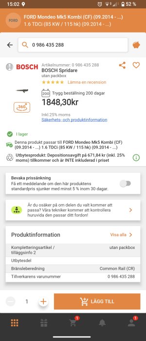 Bosch spridare för Ford Mondeo Mk5 Kombi 1.6 TDCi visas i en produktlista med priset 1848,30 kr.