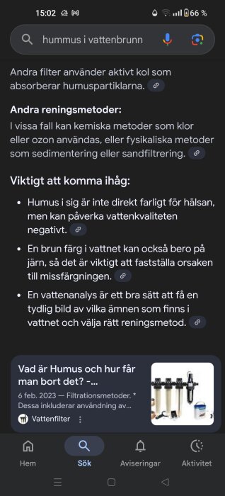 Sökresultat om rening av humus i vattenbrunn samt filtreringsmetoder med kemiska och fysikaliska alternativ.