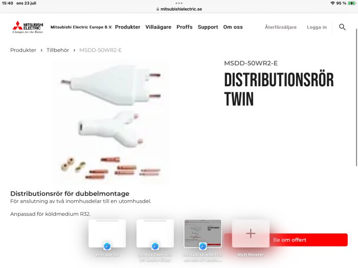 Distributionsrör för dubbla inomhusdelar i luftkonditioneringssystem, vit yta med kopparanslutningar, kompatibelt med köldmedium R32.
