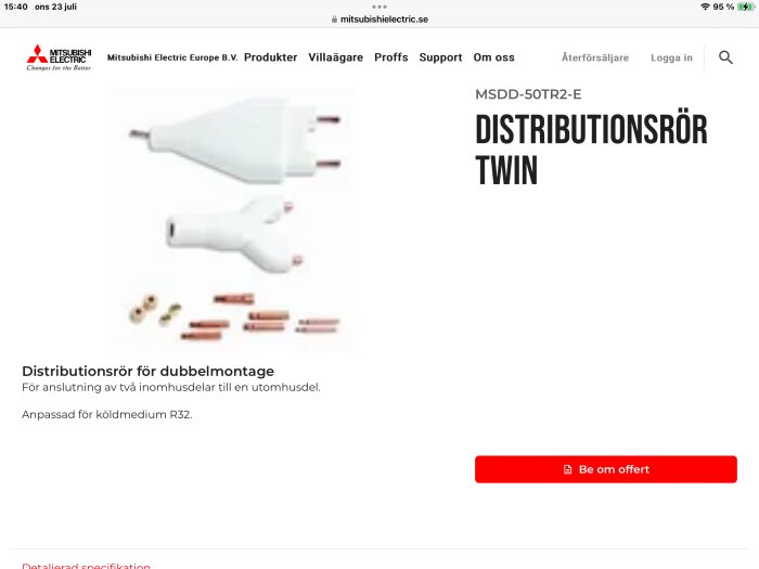 Distributionsrör för dubbelmontage och kopparrör för anslutning av två inomhusdelar till en utomhusdel, anpassad för köldmedium R32.