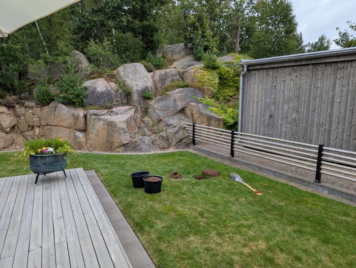 Gräsmatta med uppgrävd jord, spade på marken, två svarta hinkar och trägarage bredvid bergvägg.
