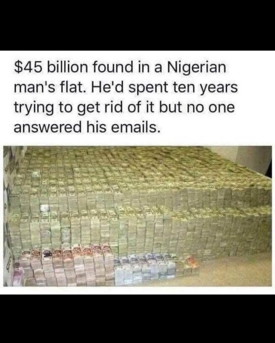 Högar av pengar i ett rum, enligt bildtexten motsvarande 45 miljarder dollar.