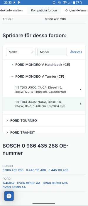 Skärmbild av fordonskompatibilitet och artikelnummer för Bosch-produkt, 0 986 435 288, visande Ford-modeller och motorkoder.