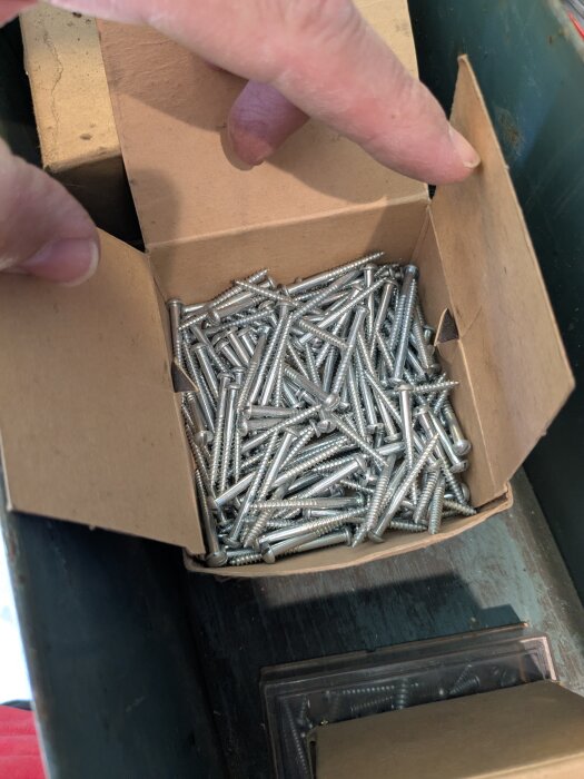 Öppen kartong med silverfärgade skruvar av olika storlekar.