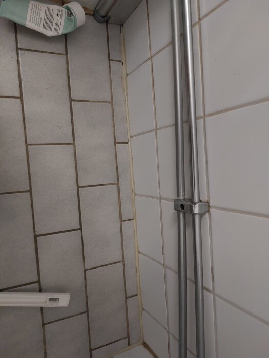 Badkarshörn med ljusa kakelplattor, synlig spricka och mögel längs fogen vid skarven. En duschstång och en plastflaska i bakgrunden.