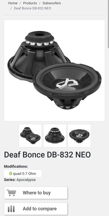 Deaf Bonce DB-832 NEO subwoofer med svart kon och logotyp, kvadrupel 0,7 Ohm, Apocalypse-serien.