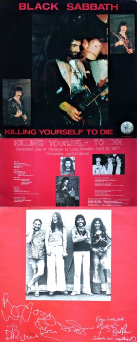 Omslag av Black Sabbath-albumet "Killing Yourself to Die" med bandfoton och text om inspelad konsert i Lund 1977, utgiven av Stoned Records.