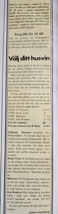 Tidningsurklipp från 1973 med vintips ur "Allt om mat", listar och beskriver rödviner som Ch Rouane, Rioja Tinto, Mavrud och Sidi-Brahim, med priser.