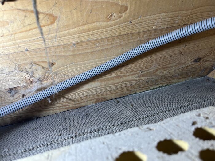 Närbild av en råvind med en grå kabel ovanpå träpanel, damm och spindelnät synliga.