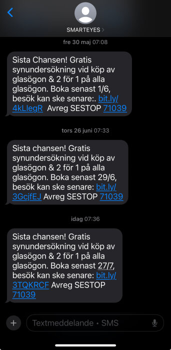 SMS från Smarteyes om erbjudanden för gratis synundersökning och två för en på glasögon. Boka senast 27/7 via länk.