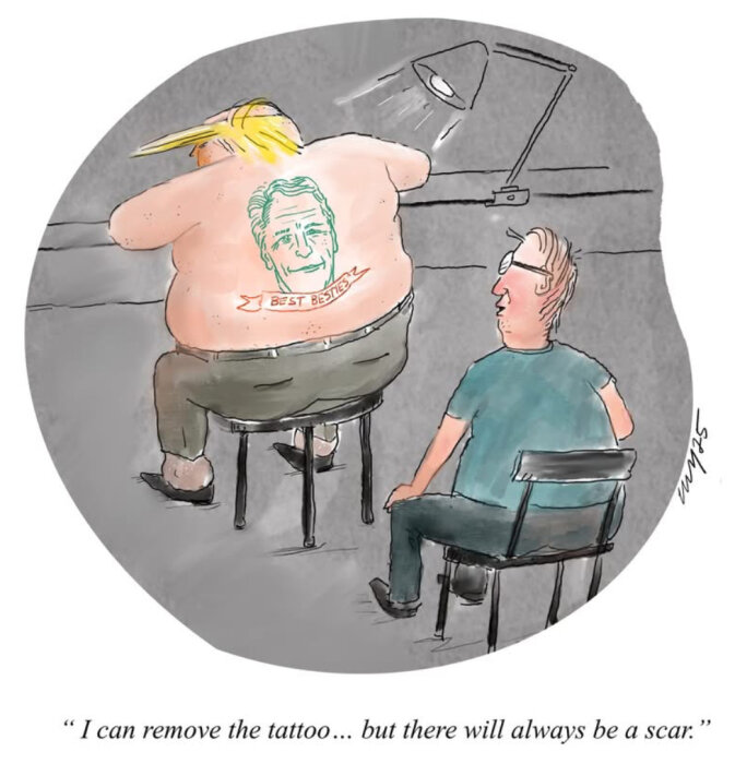 En tecknad person med en tatuering av ett ansikte på ryggen som säger "Best Besties", och en annan person bredvid som säger något.