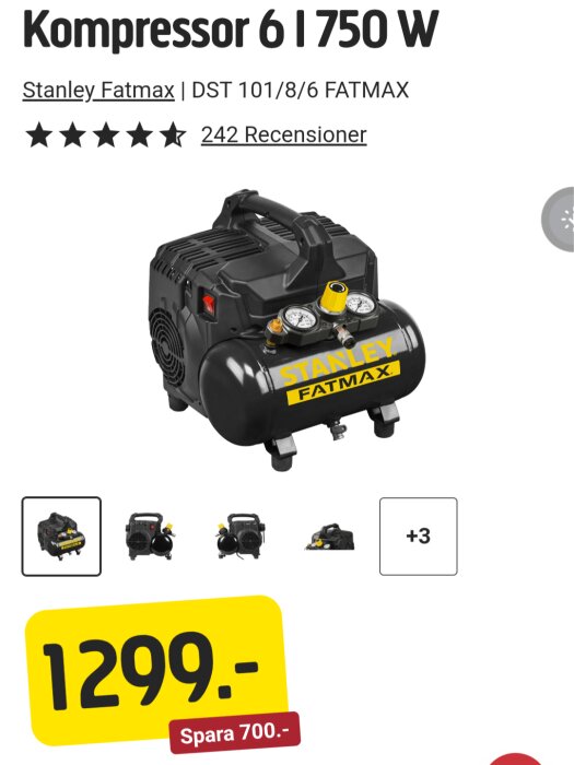 Stanley Fatmax kompressor DST 101/8/6, 6 liters kapacitet med 750 W motor, visas med pris 1299 kr som specialerbjudande på 700 kr rabatt.