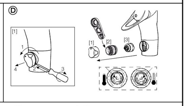 Exploderad vy av ventilmontering med instruktioner och komponenter inkl. skruvmejsel, muttrar och ventilkonstruktion.