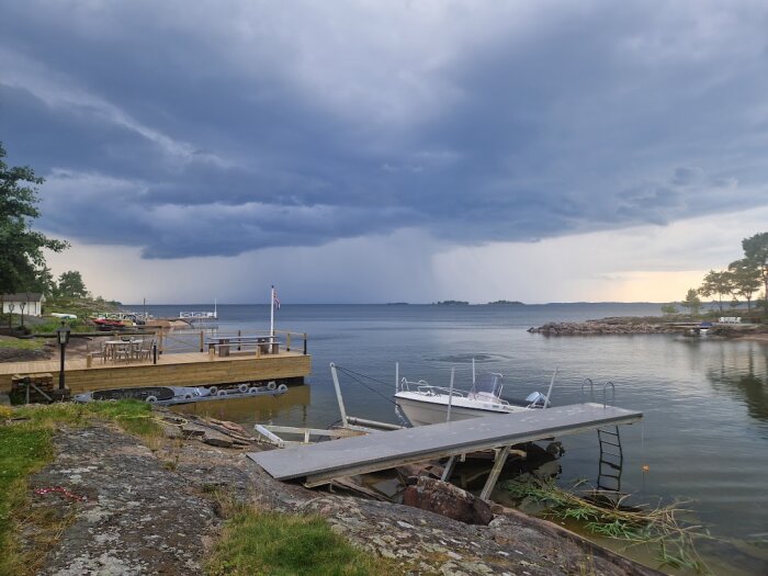 Brygga med båt i förgrunden, mörka regnmoln på himmel och regn faller över vatten i bakgrunden.