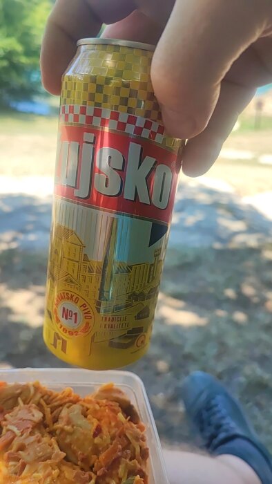 En person håller en burk öl från Plitvice nationalpark ovanför en matlåda med mat, med naturen som bakgrund.