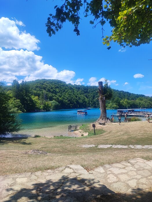 Utsikt över sjö i Plitvice nationalpark med träd, bänkar och båtar under en klarblå himmel.